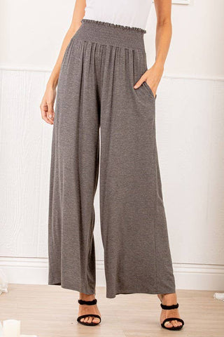 SP1123-10 FOLD OVER WIDE LEG SOLID PANTS WITH SMOCKED: 2-2-2 (1X-2X-3X) / CHARCOAL