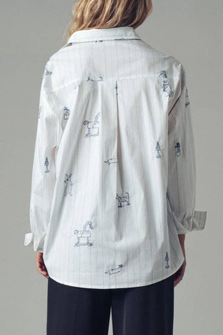 Playful Embroidered Animal Stripe Button-up Shirt
