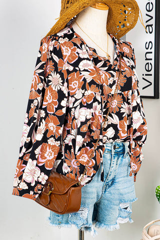 Fashion-W Flower Print Long Sleeve Babydoll Blouse*S-XL: AS SHOWN / Missy / L