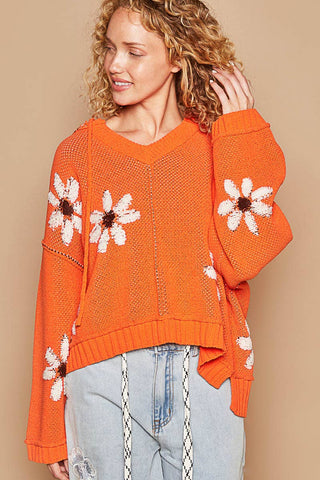 Hooded v-neck floral pattern ribbed openings sweater SALE: CHARCOAL / L