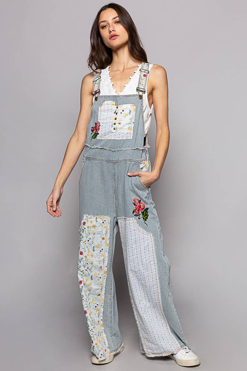 Floral patchwork embroidery overall: M / STRIPE DENIM