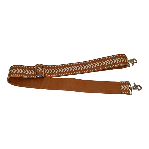 Archer Handcrafted Wide Leather Embroidered Shoulder Strap: Cognac