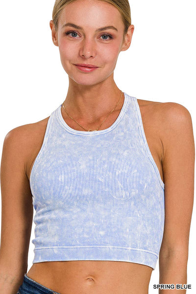 ....WASHED RIBBED SEAMLESS HIGH-NECK CROPPED TANK: S/M / LT TEAL-163061