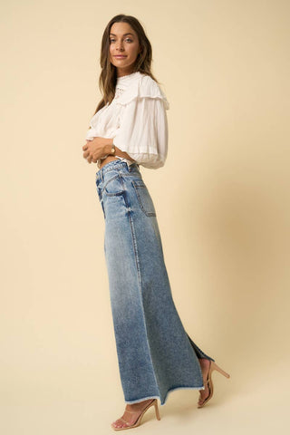 HIGH RISE FLARED MAXI SKIRT - Fray Hem