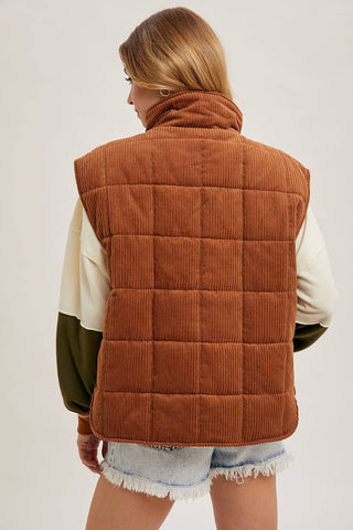 CORDUROY QUILTED PUFFER VEST: ECRU / M