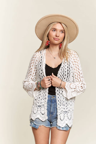 LET3546- CROCHET CARDIGAN WITH SCALLOP HEM: BEIGE / S/M