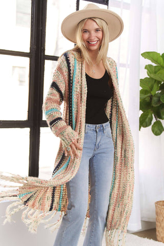 LESW3380- FRINGE HEM MULTI STRIPE CARDIGAN: BEIGE / M