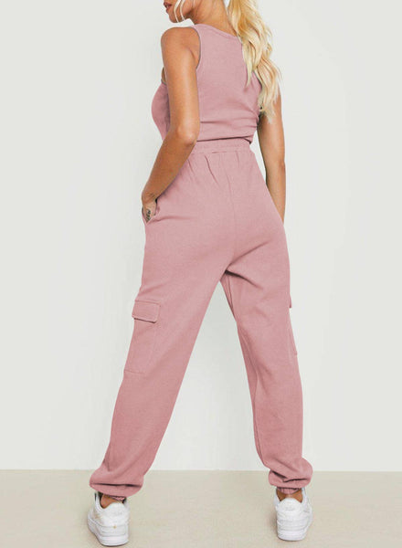 Pink Drawstring Elastic Waist Pull-on Casual Pants with Pockets: Pink / M