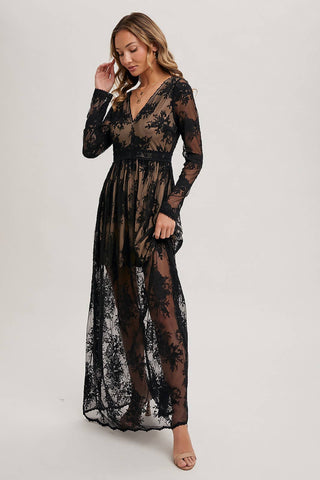 BOHO FLORAL LACE V-NECK MAXI DRESS WITH LINING: ECRU / L