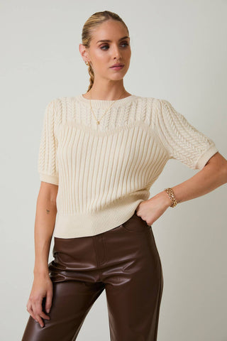 ROUND NECK PUFF SHORT SLEEVE CABLE SWEATER