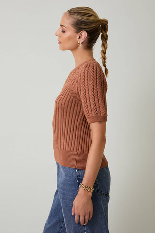 ROUND NECK PUFF SHORT SLEEVE CABLE SWEATER