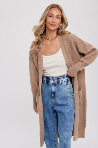 RIBBED OPEN FRONT CARDIGAN: BLUSH / M/L