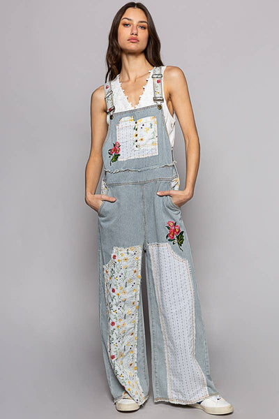 Floral patchwork embroidery overall: M / STRIPE DENIM