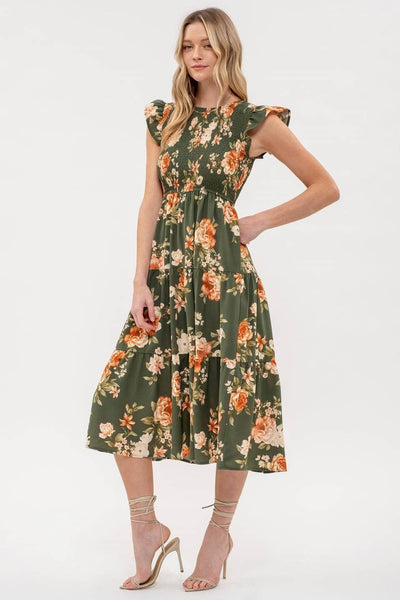 SMOCKED TIERED FLORAL MIDI DRESS: BLACK MULTI