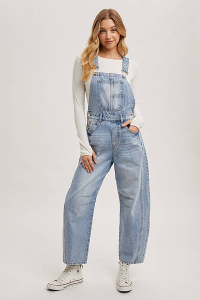 DENIM BARREL OVERALLS: DK.WASH / L