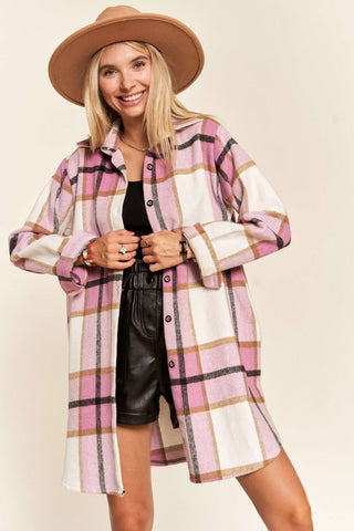 LEJ2587- PLAID SHACKET BUTTON DOWN SIDE POCKETS: PINK CHECK / M