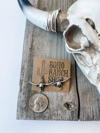 Western Longhorn Steer Burnish Silver Earrings