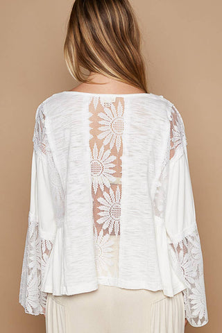 V-neck long flare sleeve lace detail solid top: BEIGE / S