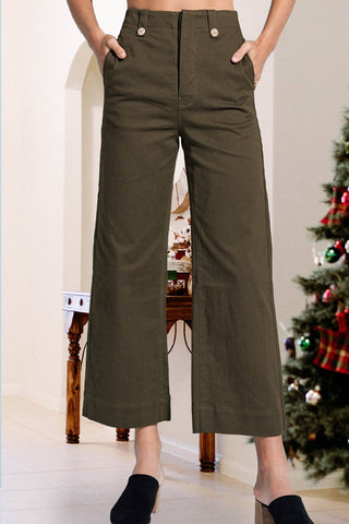 HUP3109-Soft Washed Stretchy High Rise Wide Leg Pants: Olive / L