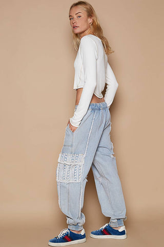 Tie waistband contrast crochet cargo pockets denim joggers: S / DENIM