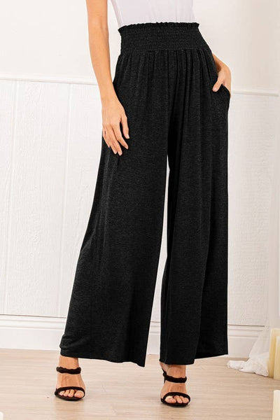 SP1123-10 FOLD OVER WIDE LEG SOLID PANTS WITH SMOCKED: 2-2-2 (1X-2X-3X) / CHARCOAL