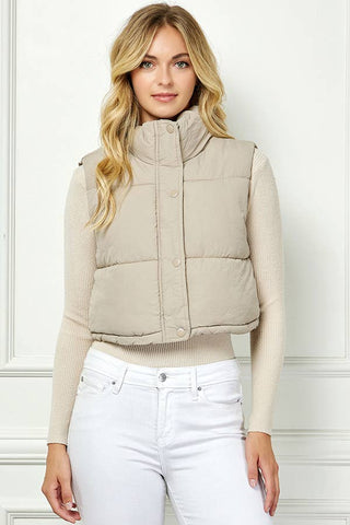 Lightweig Padded Crop Puffer Vest, Sleeveless Puffer Vest: Khaki / L