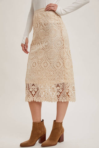 LACE MIDI SKIRT WITH INNER LINING: Beige / S