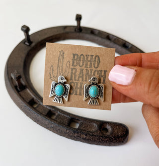 Thunderbird Stud Western Earrings - Turquoise Colored Stone