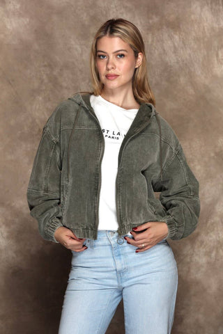 Washed Corduroy Zip Up Hoodie Bomber