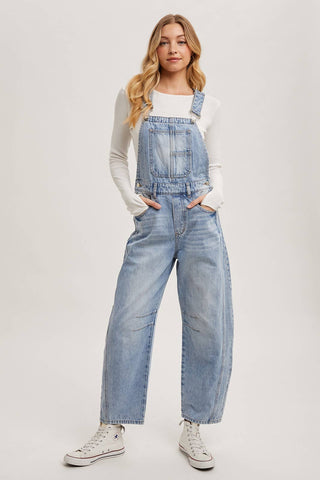 DENIM BARREL OVERALLS: DK.WASH / M