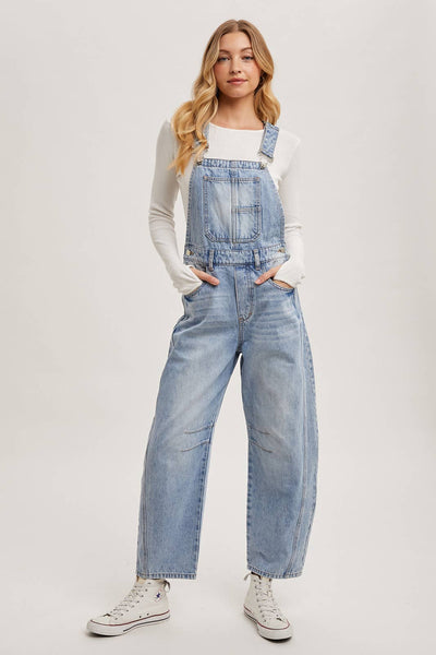 DENIM BARREL OVERALLS: DK.WASH / S