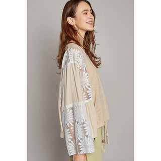 V-neck long flare sleeve lace detail solid top: BEIGE / L