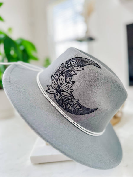 Moon & Lotus Flower Hat | Hand Burnt| Cowboy Hat/Fedora: Rancher Hat / Merlot
