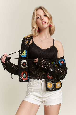 CESW3574 - FRONT TIE CROCHET CARDIGAN: WHITE / S