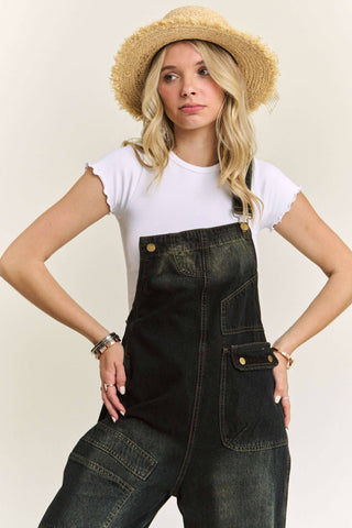 LEJP3648- WASHED DENIM CASUAL OVERALLS: DENIM BLACK / M