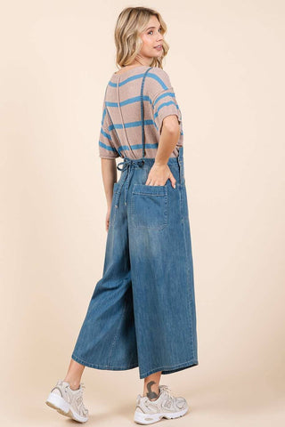 DENIM TIE BACK SLEEVELESS WIDE LEG OVERALLS