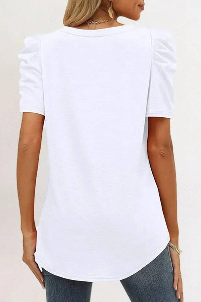 Puff Sleeve V-Neck T-Shirt: L / White