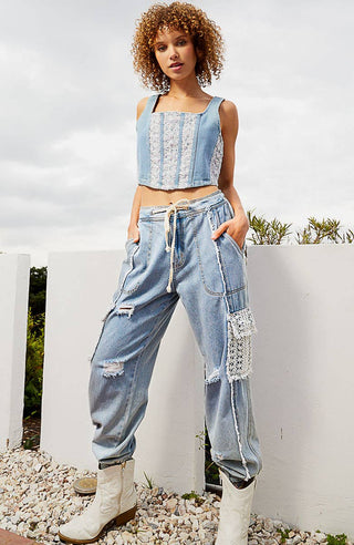 Tie waistband contrast crochet cargo pockets denim joggers: S / DENIM