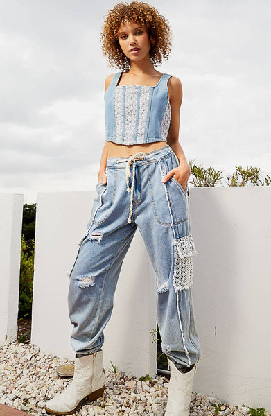 Tie waistband contrast crochet cargo pockets denim joggers: M / DENIM