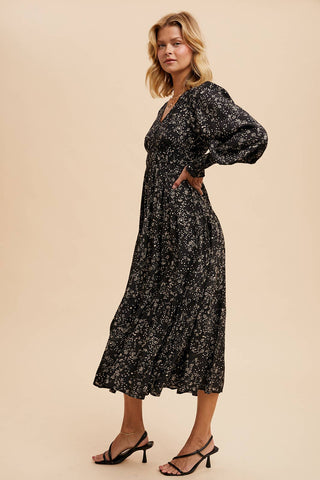 VISCOSE FLORAL BUTTON MAXI DRESS: OLIVE / S