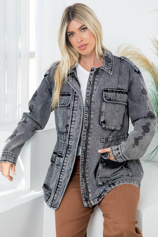 Stone Washed Anorak Jacket w/ Aztec Embroidery