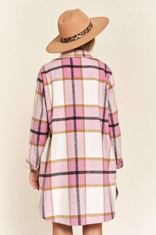 LEJ2587- PLAID SHACKET BUTTON DOWN SIDE POCKETS: PINK CHECK / S