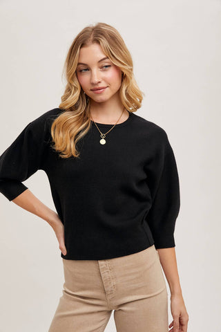 PUFFED 3/4 SLEEVED KNIT SWEATER TOP: LATTE / M