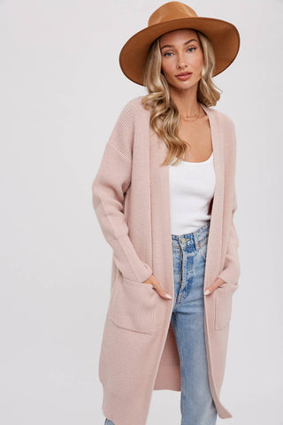 RIBBED OPEN FRONT CARDIGAN: BLUSH / M/L