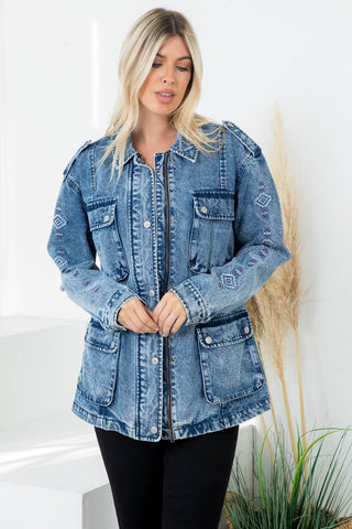 Stone Washed Anorak Jacket w/ Aztec Embroidery