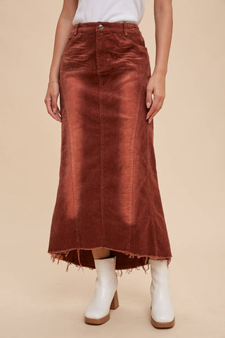 GARMENT WASHED CORDUROY MIDI SKIRT: DARK OLIVE / L