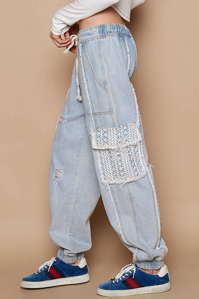 Tie waistband contrast crochet cargo pockets denim joggers: M / DENIM