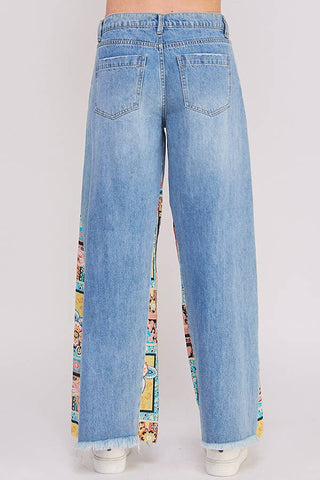 MID RISE PAISLEY PRINT PATCHWORK STRAIGHT LEG PANT: DENIM / L