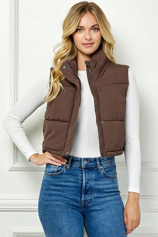 Lightweig Padded Crop Puffer Vest, Sleeveless Puffer Vest: Khaki / L