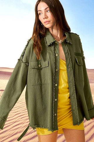 JKT1760-Loose Fit Cut Edge Snap Button Down Jacket: Olive / L